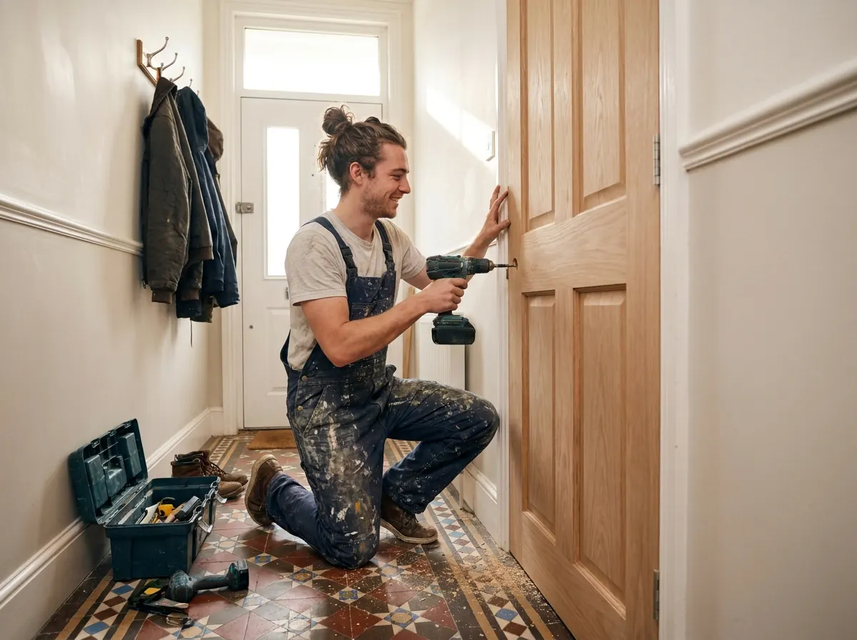 A carpenter using a chisel to carefully carve out the recess for a door hinge in a wooden door frame