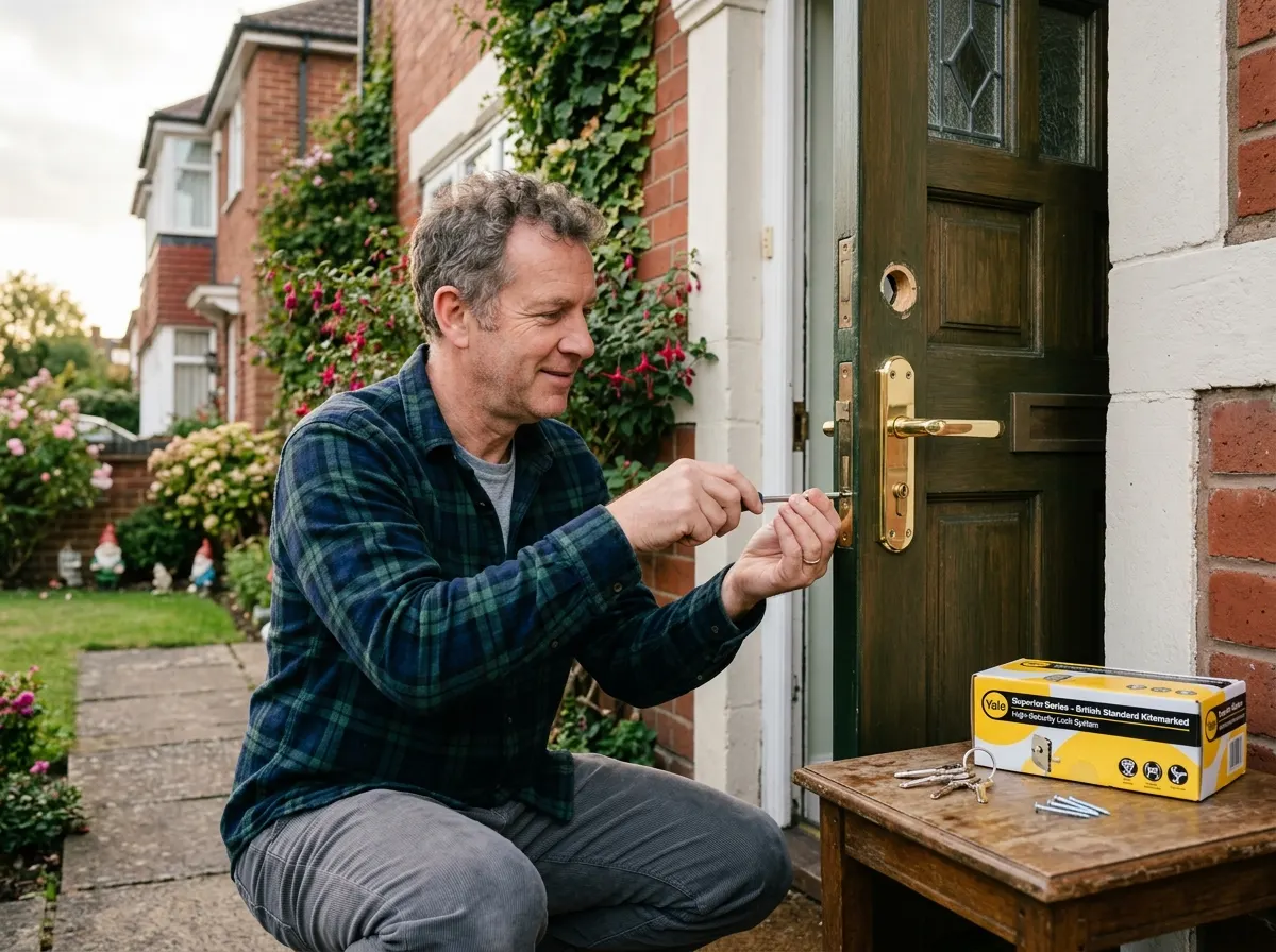 Homeowner safely replacing a euro cylinder lock on a composite front door using a screwdriver