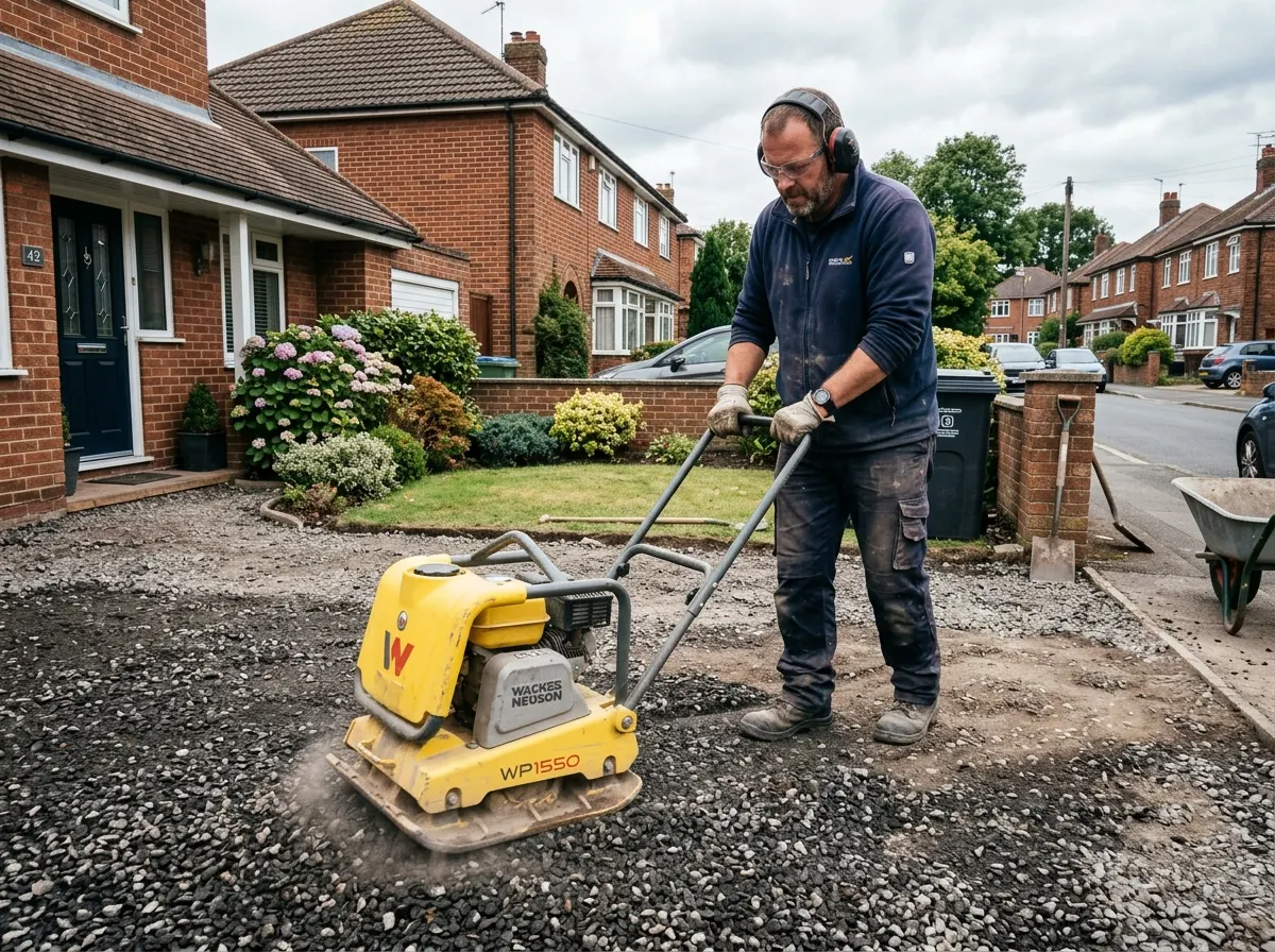 Homeowner compacting sub base with a wacker plate