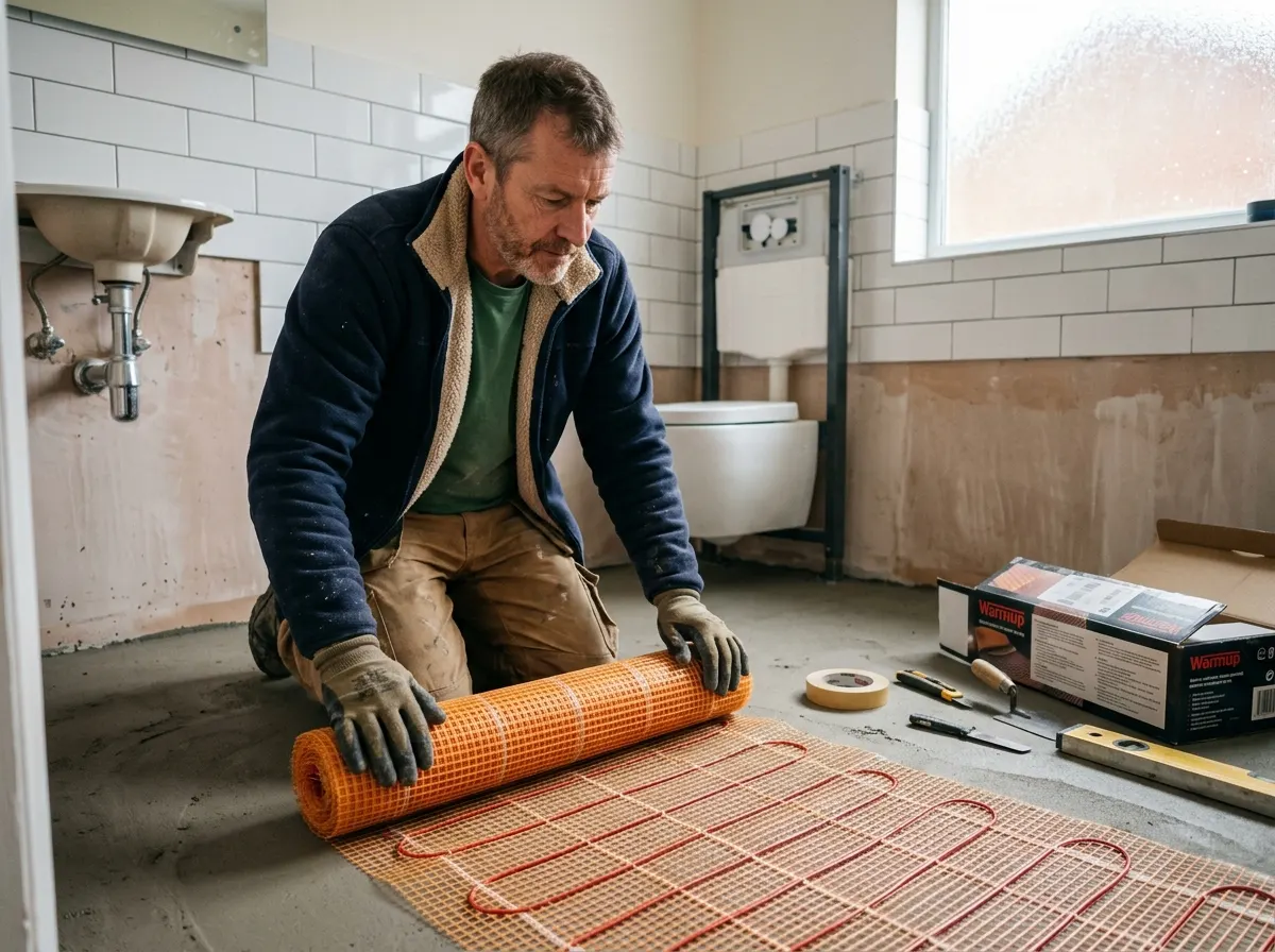 Homeowner rolling out an electric underfloor heating mesh mat onto a bathroom floor