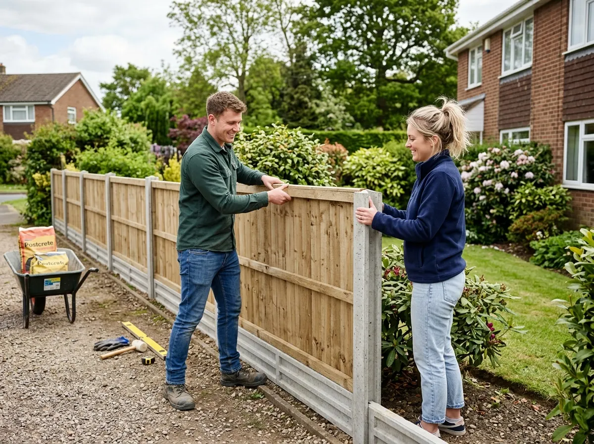 Homeowner slotting a new featheredge fence panel into concrete posts