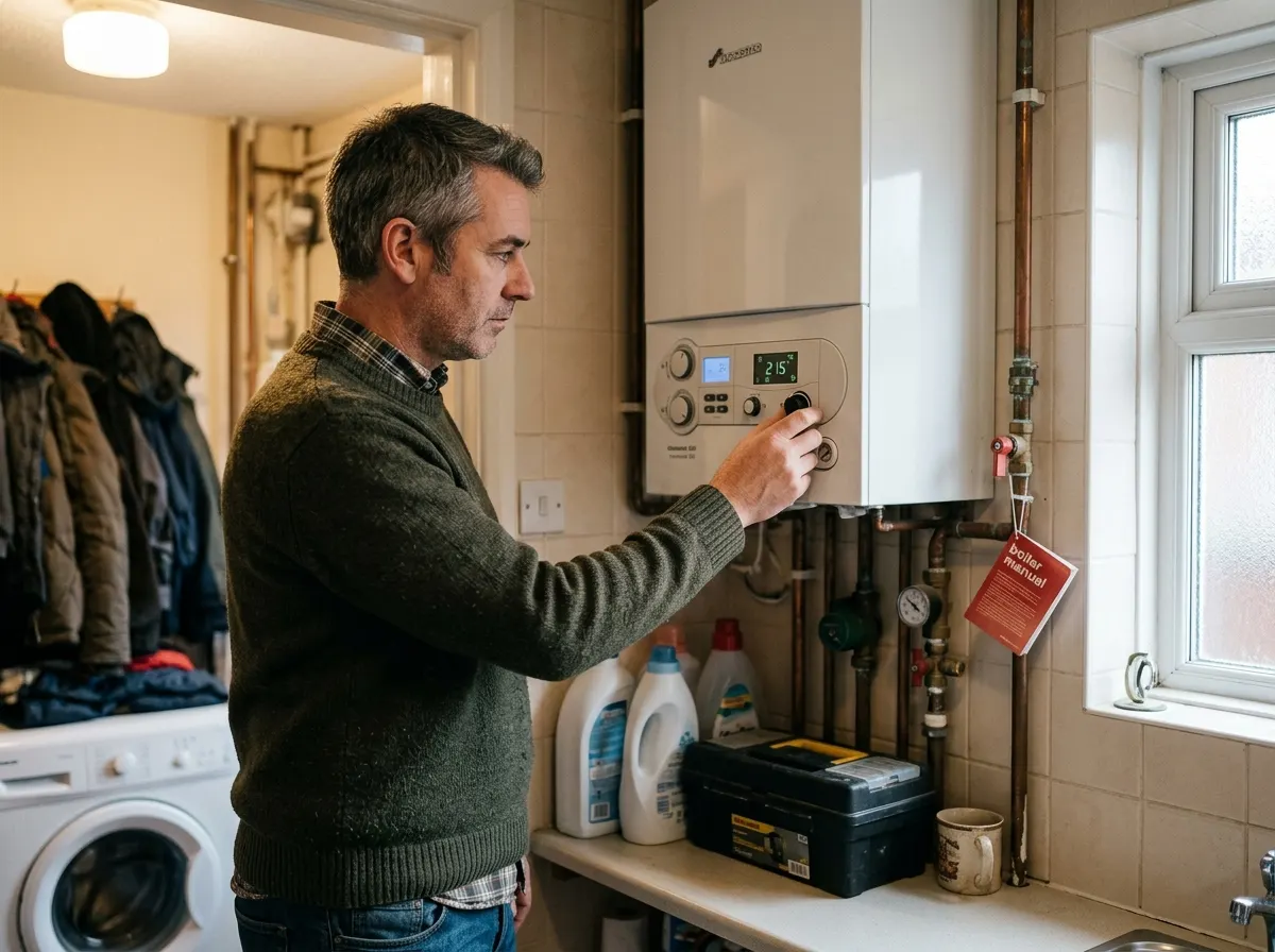 Homeowner carefully turning a brass filling loop valve to top up boiler pressure to 1.5 bar