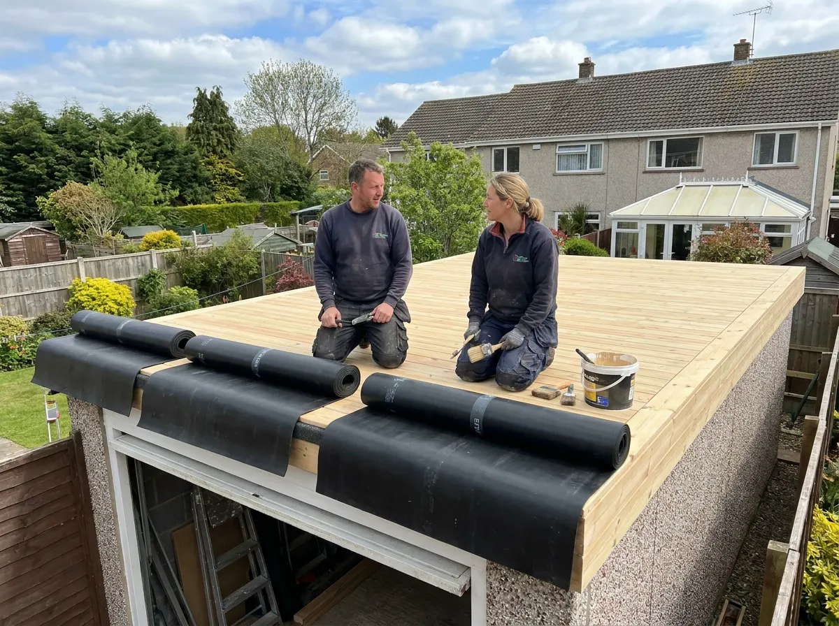 Homeowner rolling out adhesive on an OSB deck using an EPDM flat roof kit