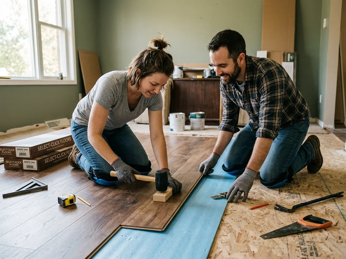 Homeowner fitting click laminate flooring