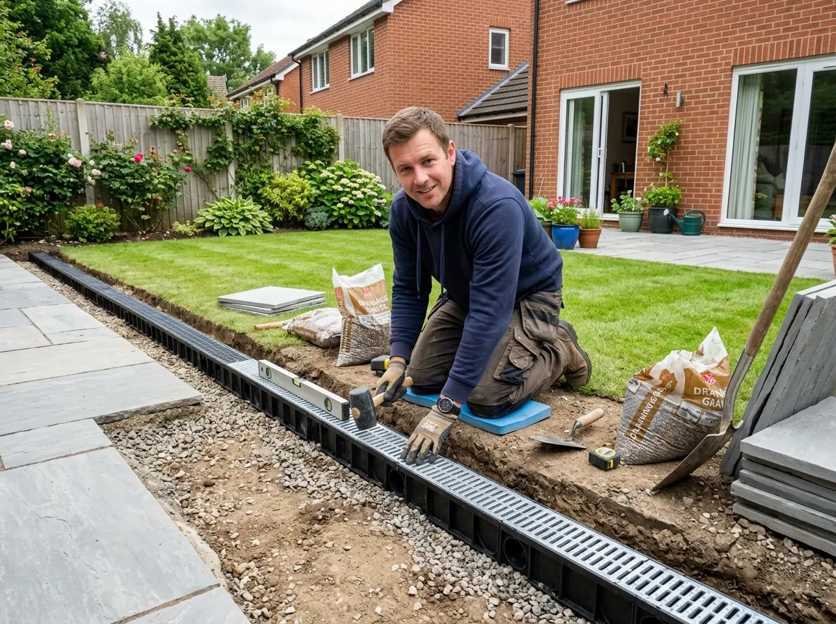 Homeowner digging a shallow trench with a spade to install a DIY French drain in a waterlogged garden