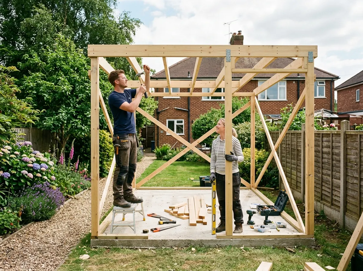 Homeowner building a timber frame for a DIY garden room project