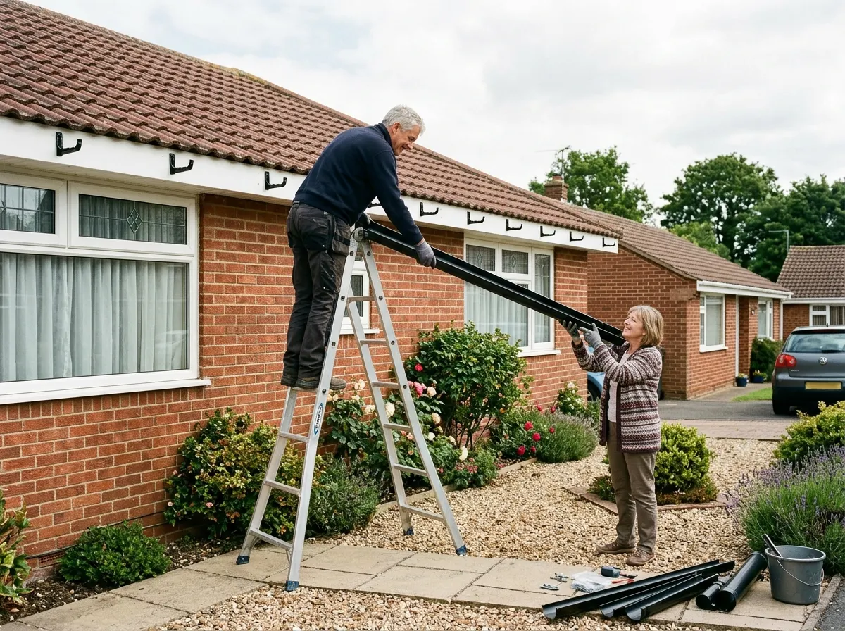 Homeowner safely clipping new black uPVC guttering into a bracket on a low garage roof