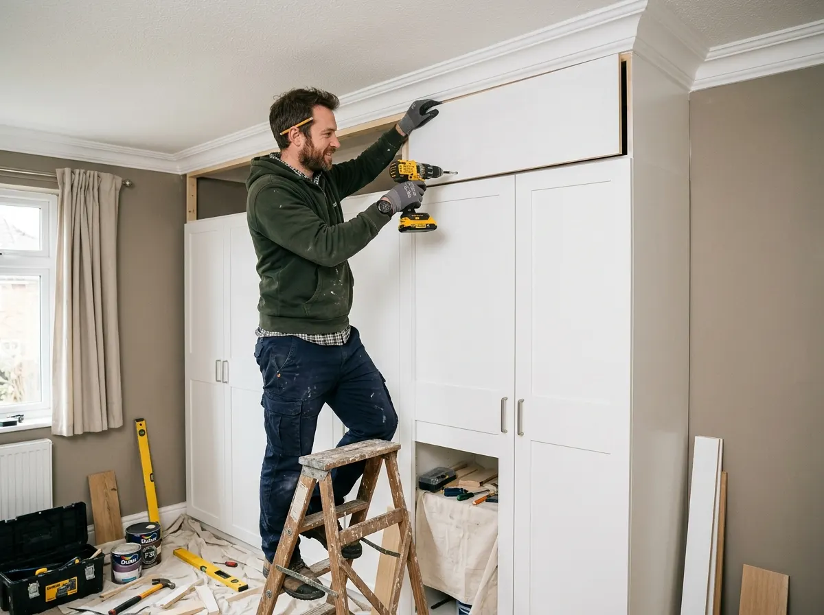 A DIY homeowner fitting MDF filler panels above an IKEA Pax wardrobe to create a built in look