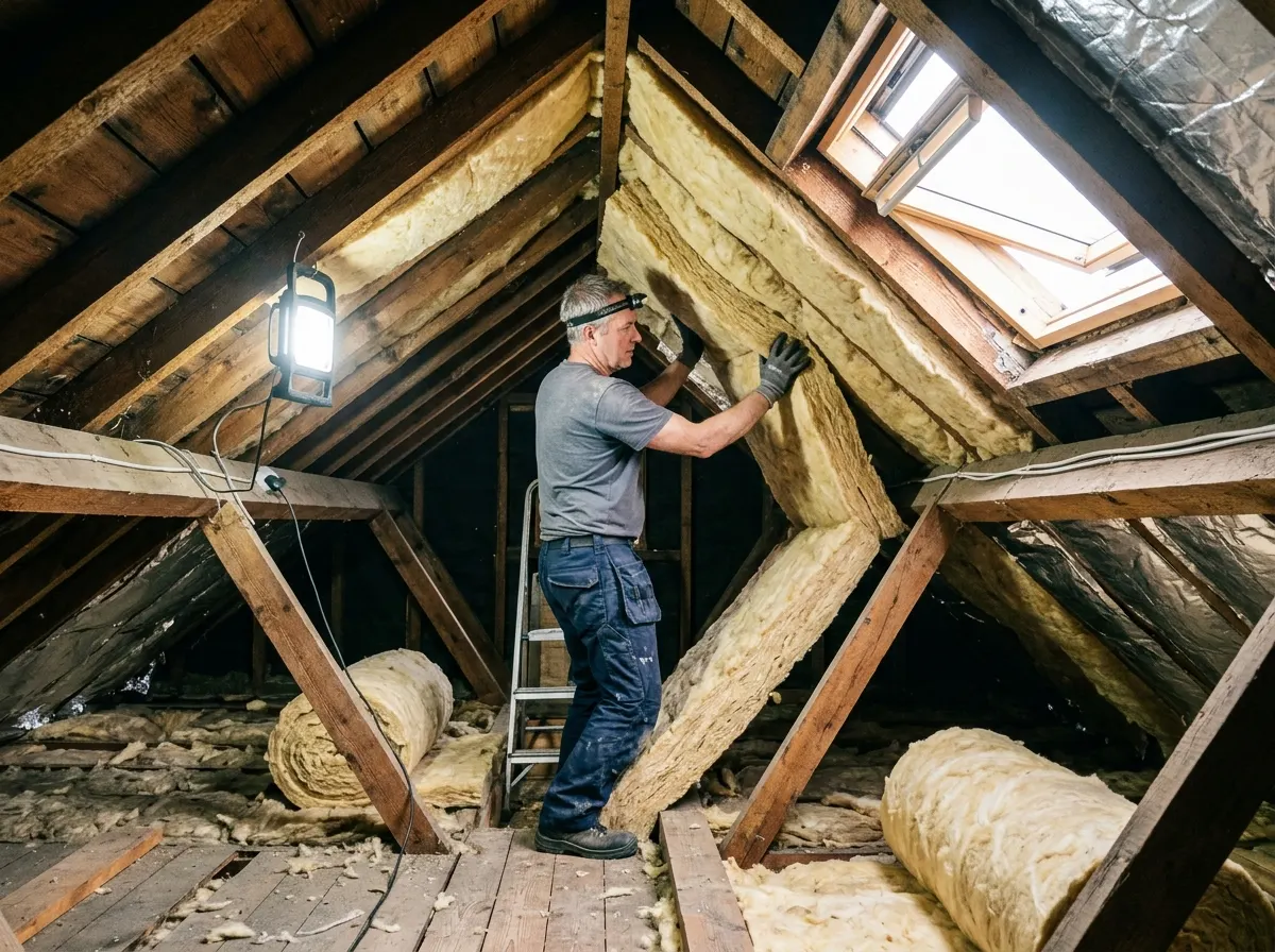 Homeowner wearing PPE unrolling yellow loft insulation across floor joists