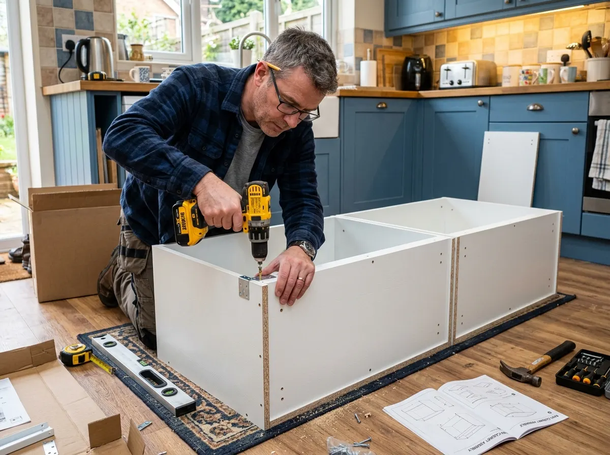Homeowner carefully screwing standard flat pack kitchen cabinets together to form the base of a DIY kitchen island