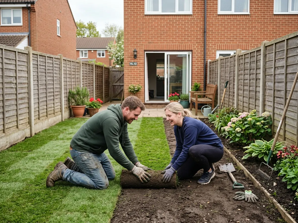 Homeowner rolling out fresh lawn turf
