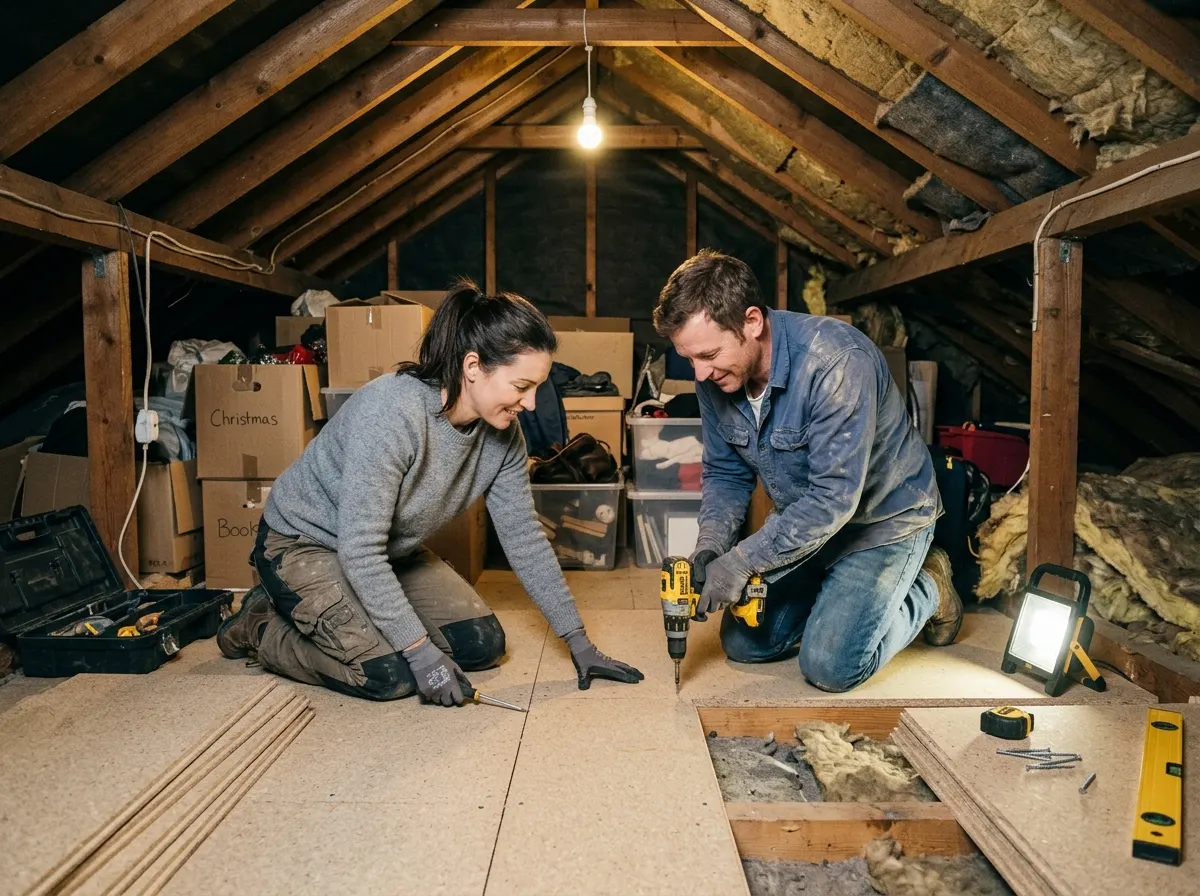Homeowner wearing safety mask drilling screws into loft boards laid across plastic raised legs