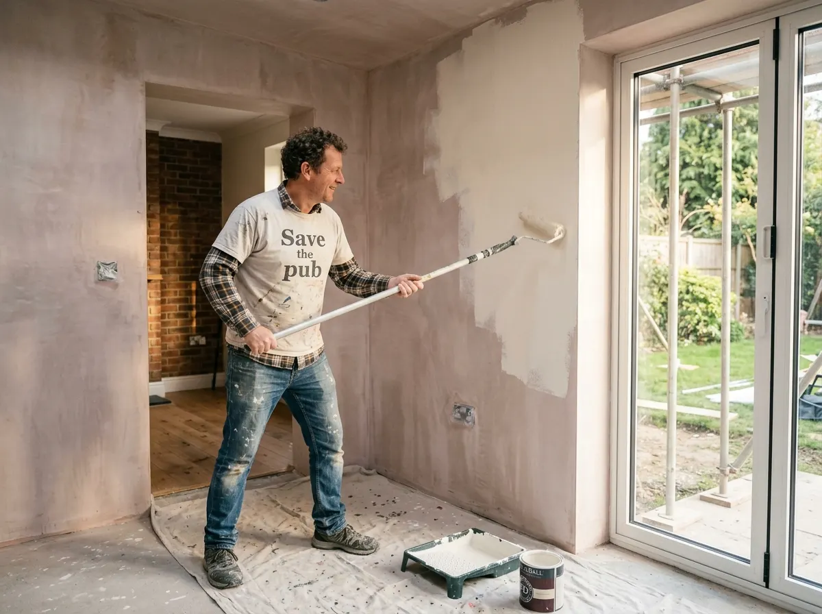 Homeowner painting a freshly plastered wall in a new house extension