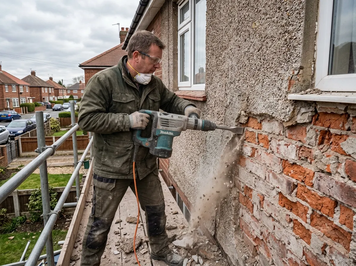 Homeowner on a ladder rolling white masonry paint onto textured exterior render