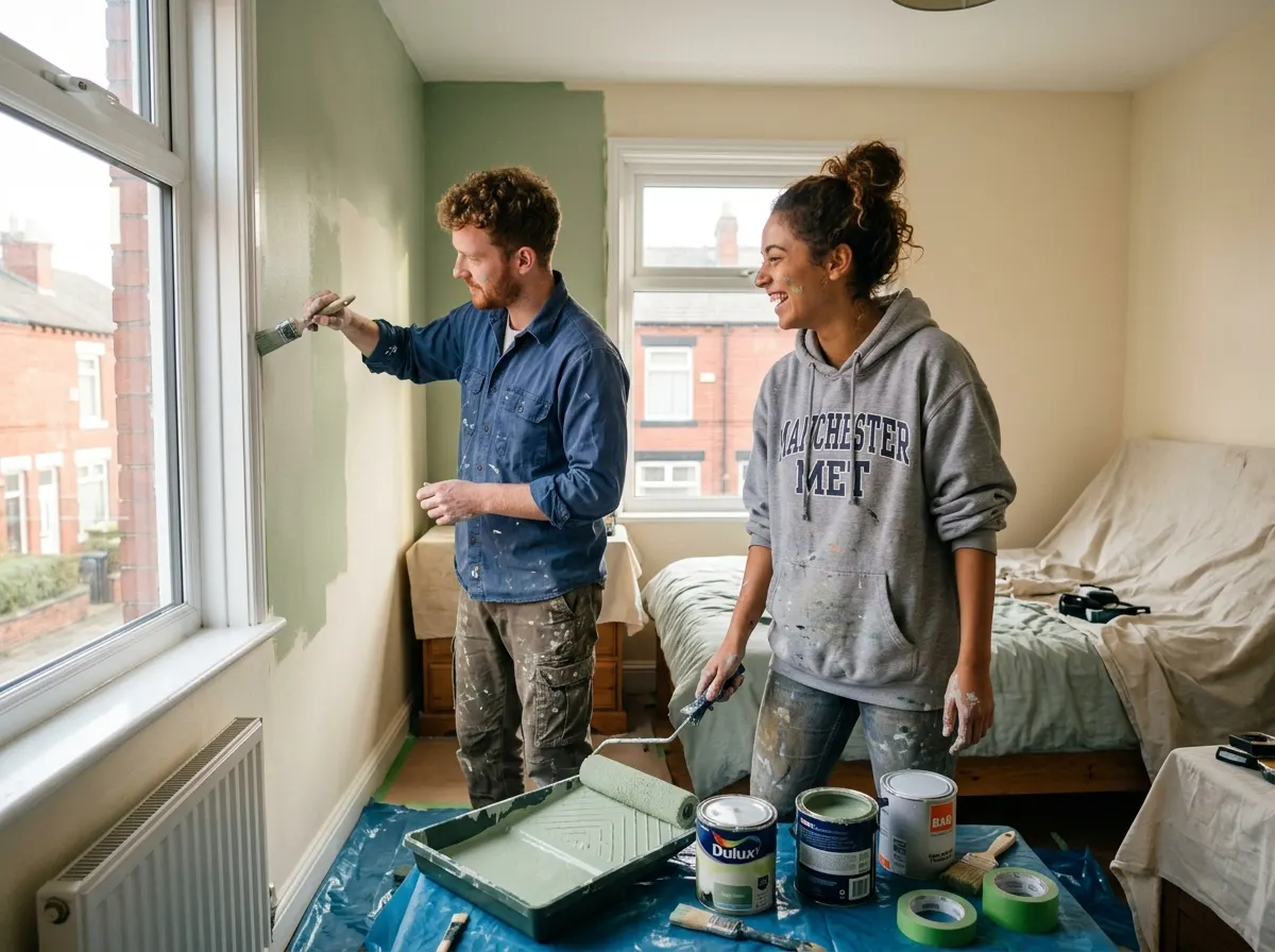 Homeowner rolling paint onto a living room wall
