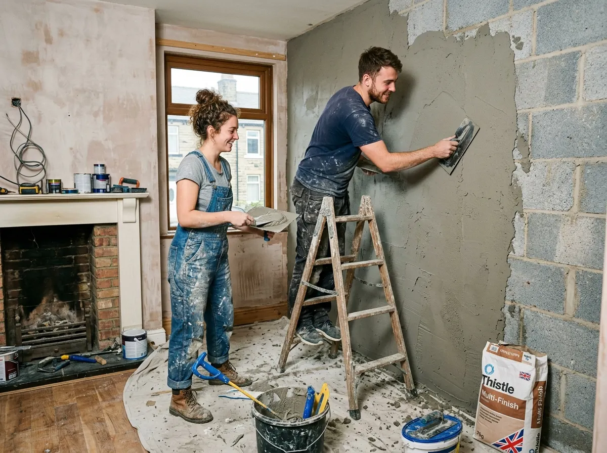Person attempting to patch plaster a wall with filler