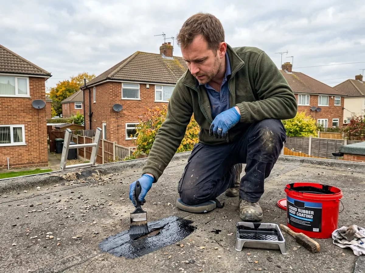 Homeowner safely applying a black liquid rubber waterproof coating to patch a flat garage roof