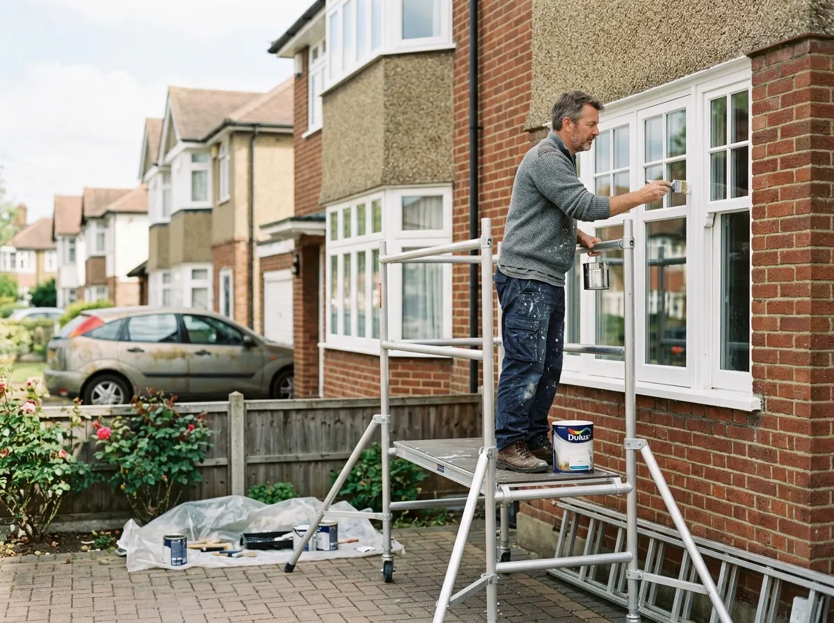 Homeowner safely using a lightweight aluminium mobile scaffold tower to paint the exterior of a house