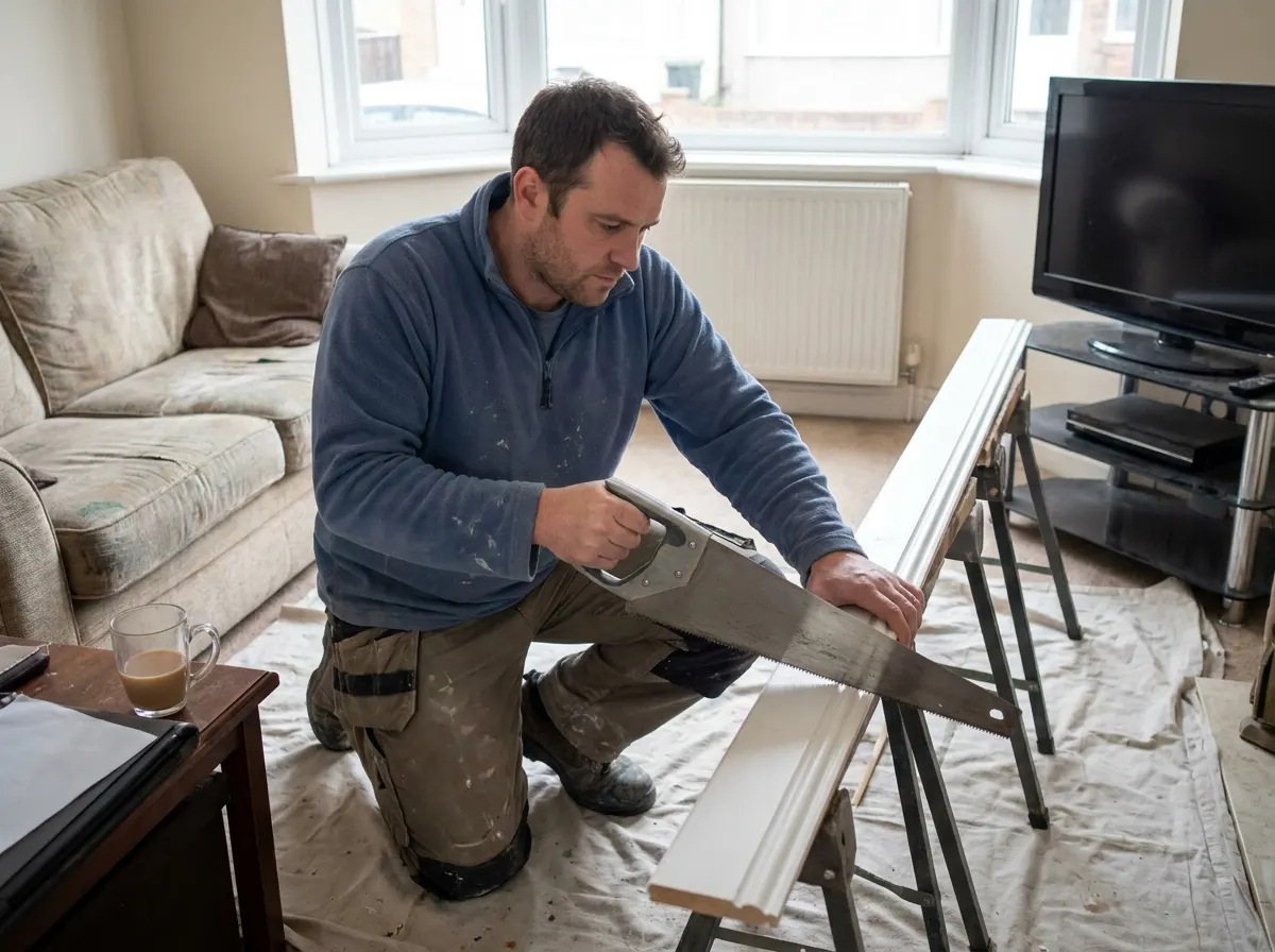 A carpenter using a sliding compound mitre saw to cut a 45 degree external mitre on a pre-primed skirting board