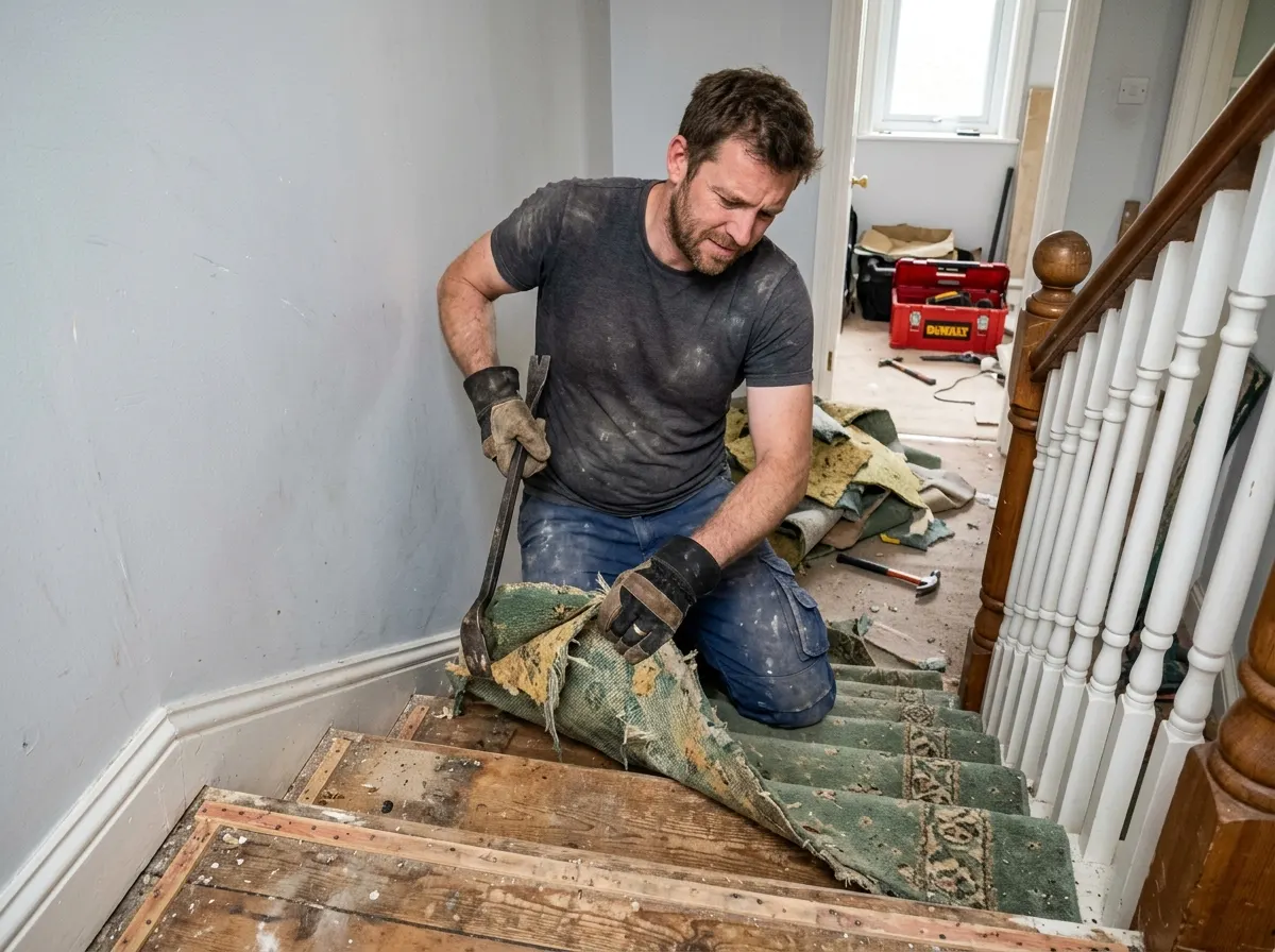 Homeowner wearing a mask using a power sander to strip old paint and varnish off wooden stair treads