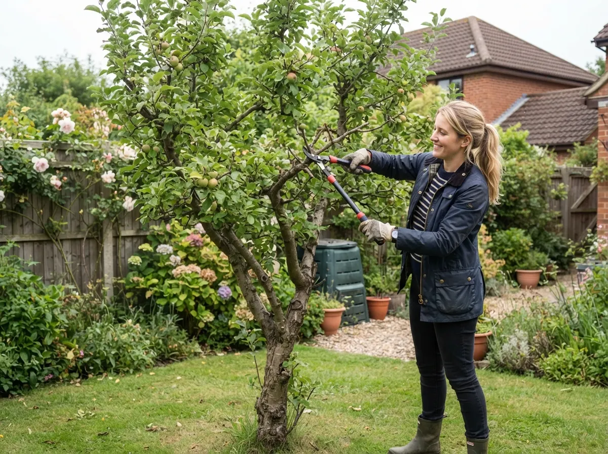 Homeowner safely pruning a small apple tree from the ground using manual loppers