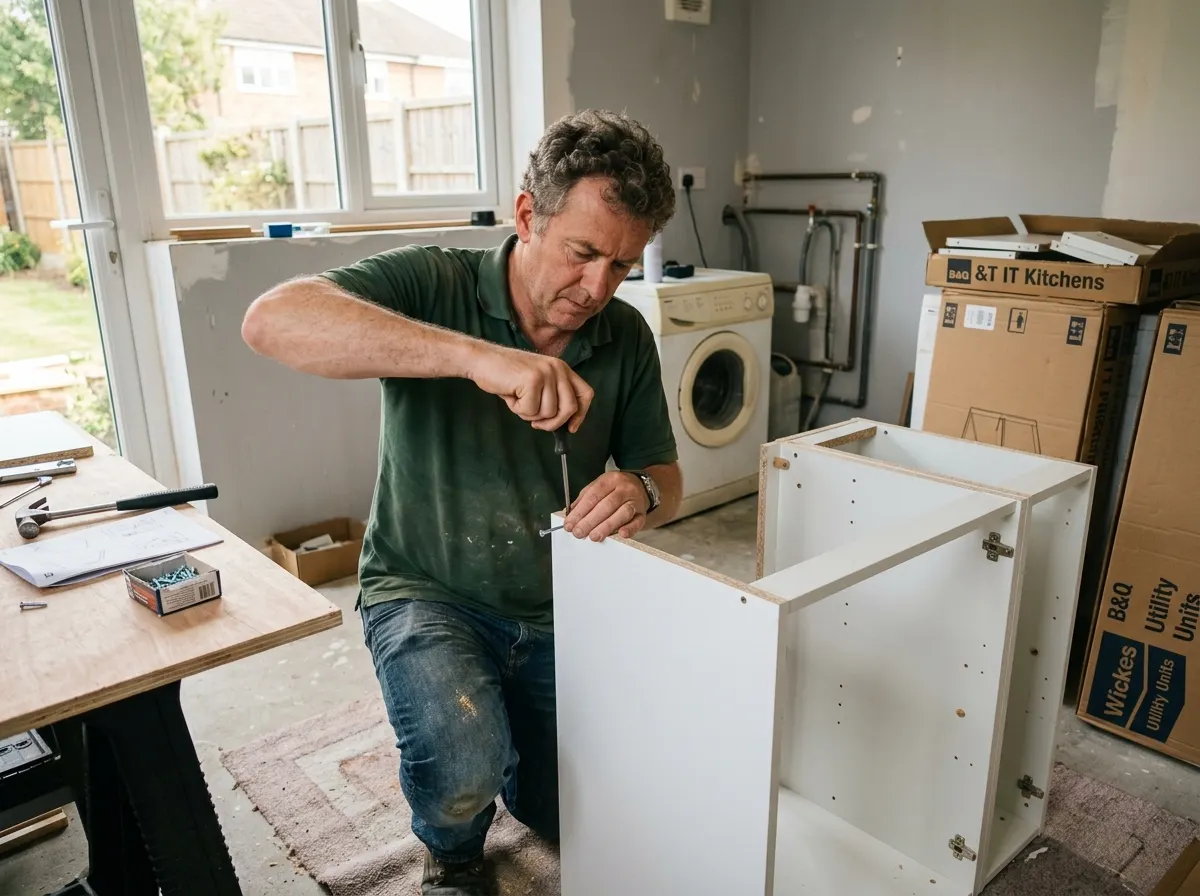 Homeowner assembling standard flat pack base cabinets for a DIY utility room project