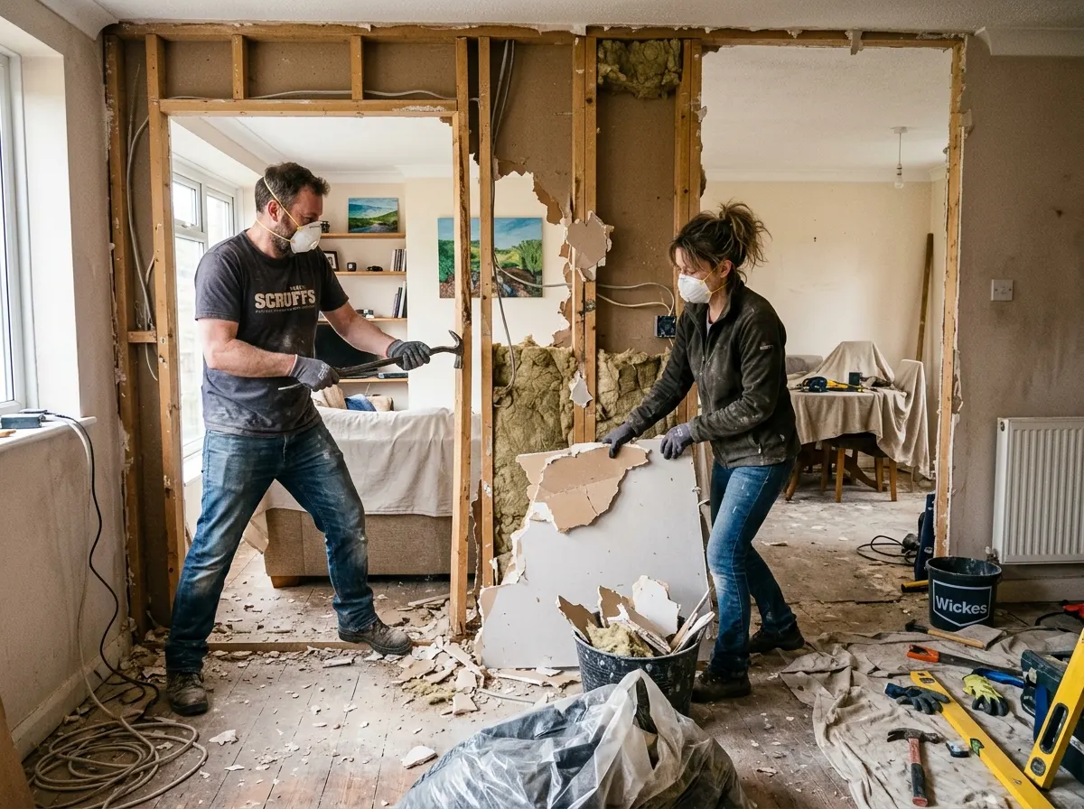 Homeowner wearing dust mask breaking down a non-load bearing plasterboard stud wall with a sledgehammer