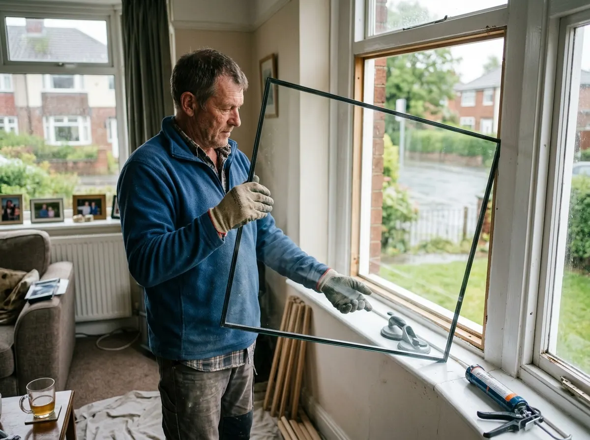 Homeowner removing plastic glazing beads to replace a blown, misty double glazed glass unit