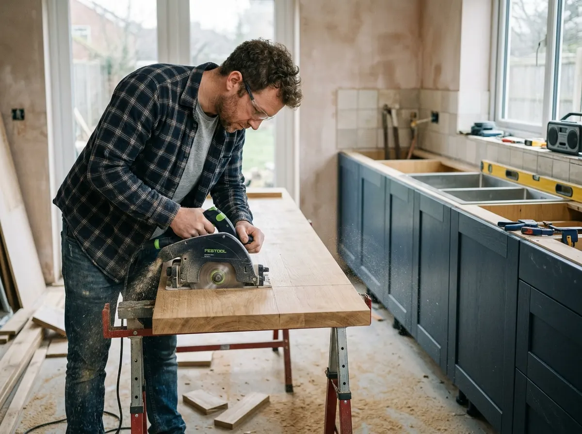 Carpenter using a plunge router and a worktop jig template to cut a clean joint in a wooden kitchen worktop