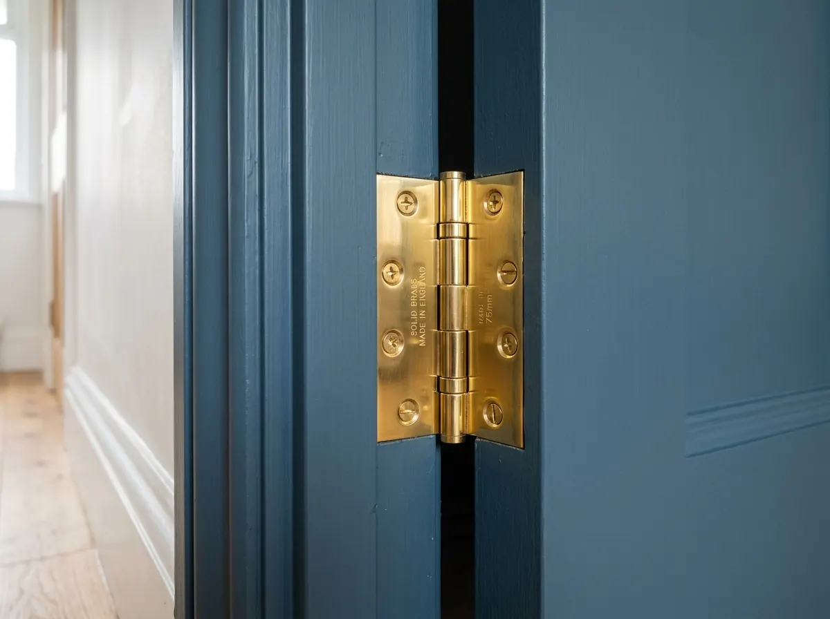 A brand new brass hinge on a new british standard internal door