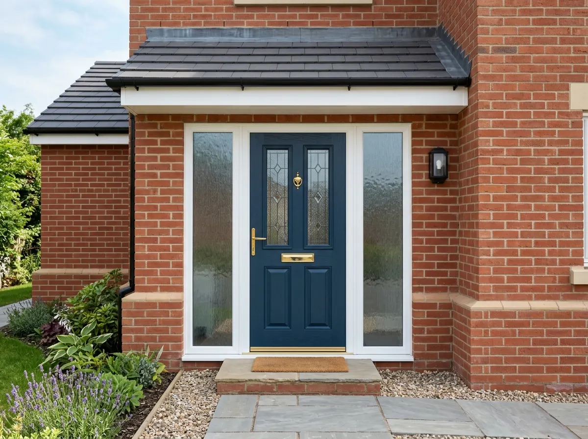A wide front entrance featuring a composite door flanked by two frosted glass sidelights