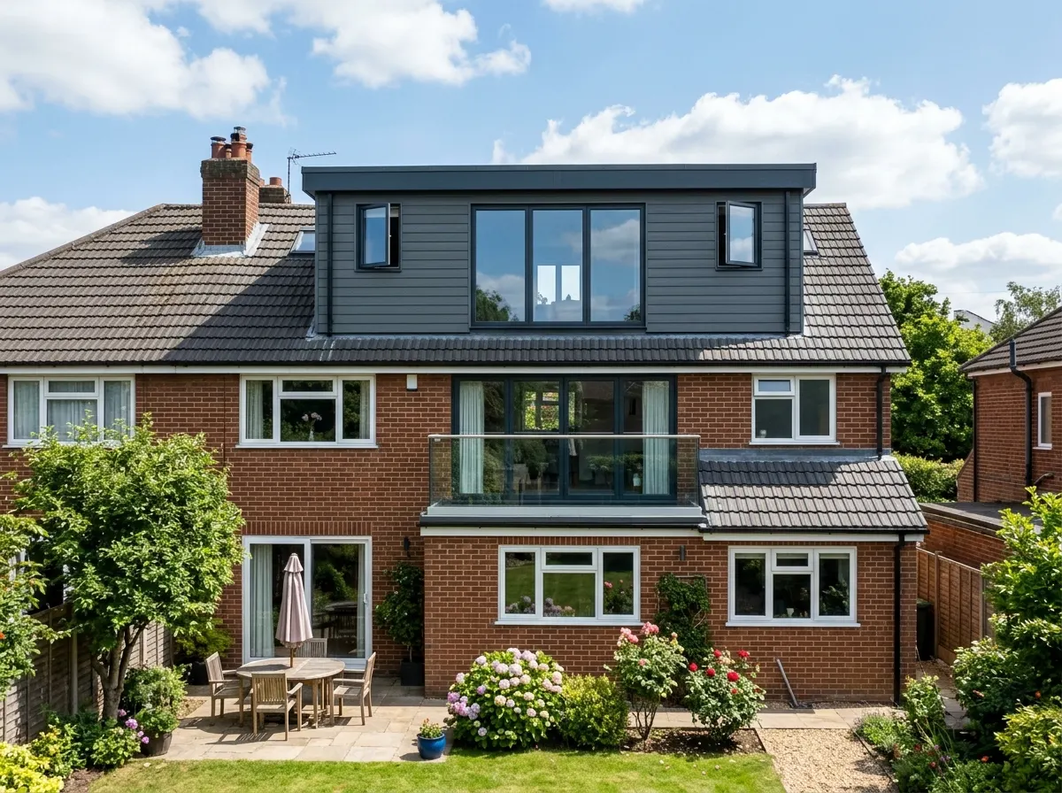 Exterior view of a large flat roof dormer extension built out of a pitched roof