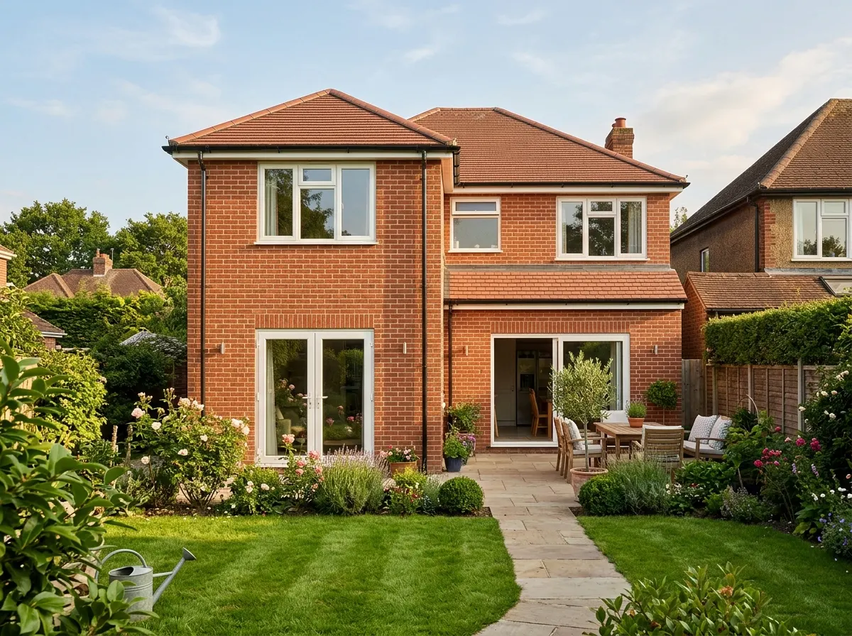 A large double storey rear extension clad in brick with matching pitched roof