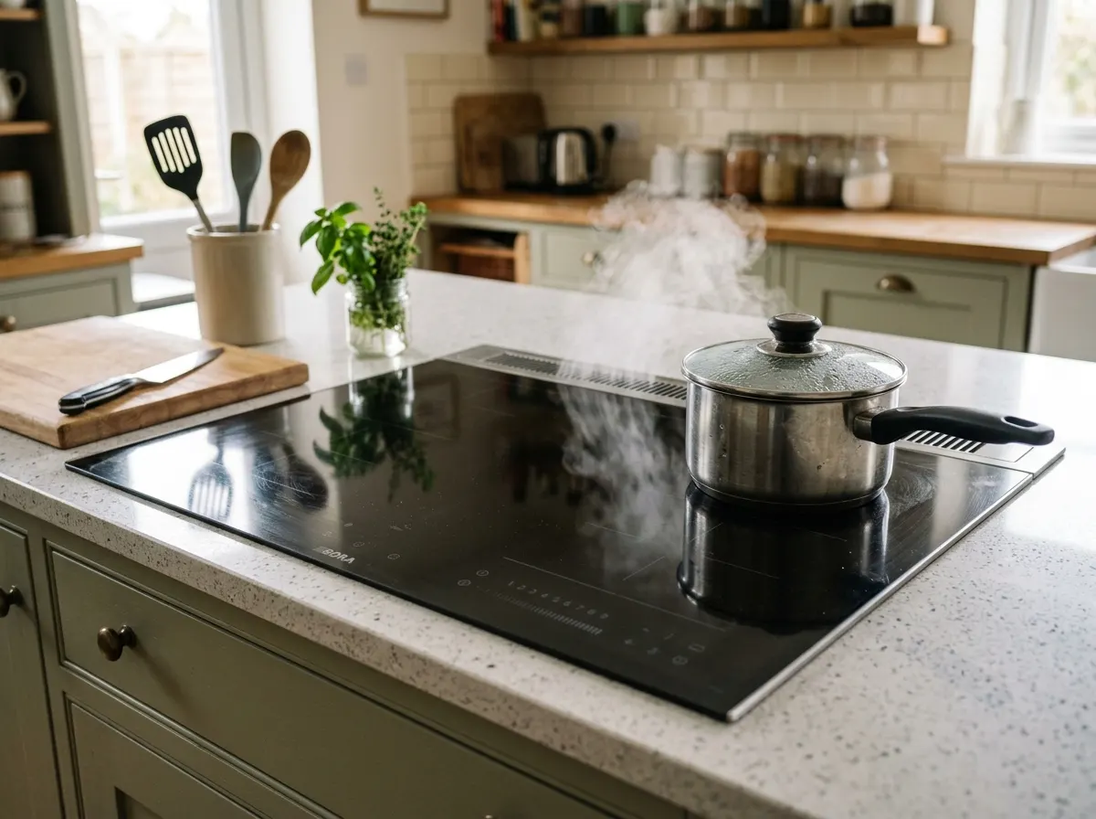 An integrated venting induction hob extracting steam downwards into a kitchen island