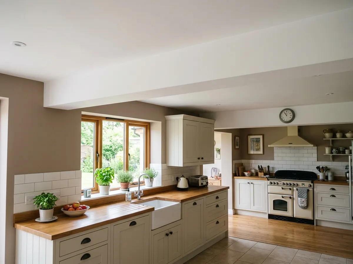 A finished room showing a prominent drop beam wrapped in plasterboard crossing the ceiling