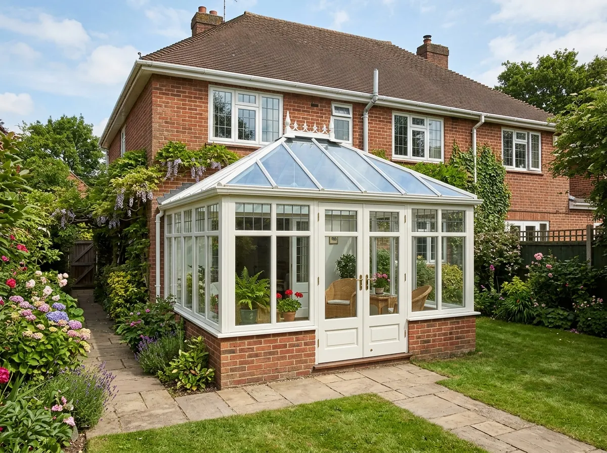 Square Edwardian conservatory with a flat front elevation and pitched hipped roof