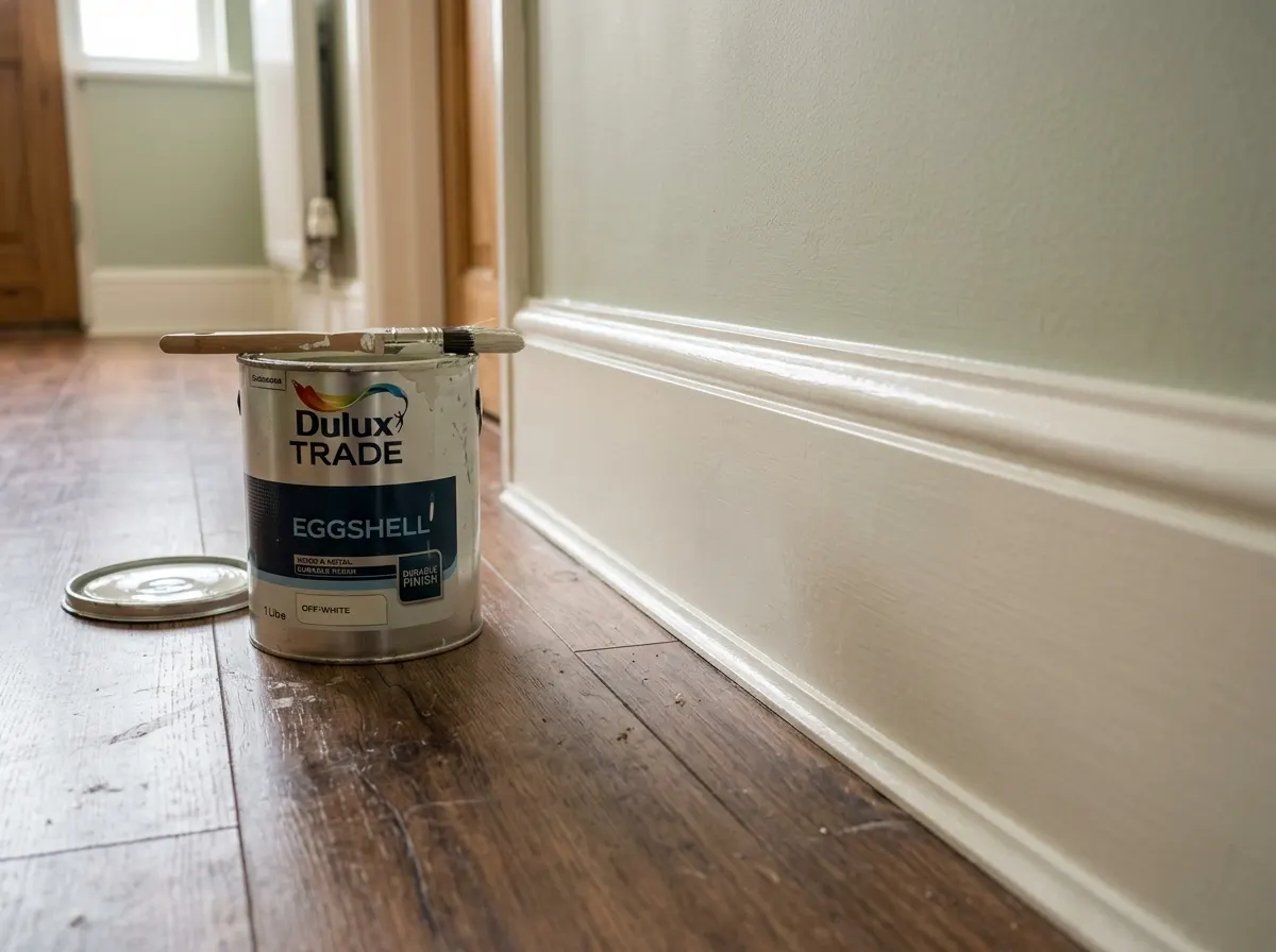 Freshly painted white skirting board and door frame in eggshell