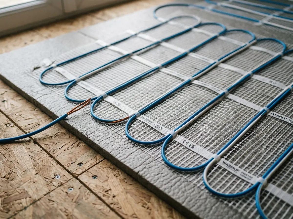 Electric underfloor heating mat rolled out over insulation boards