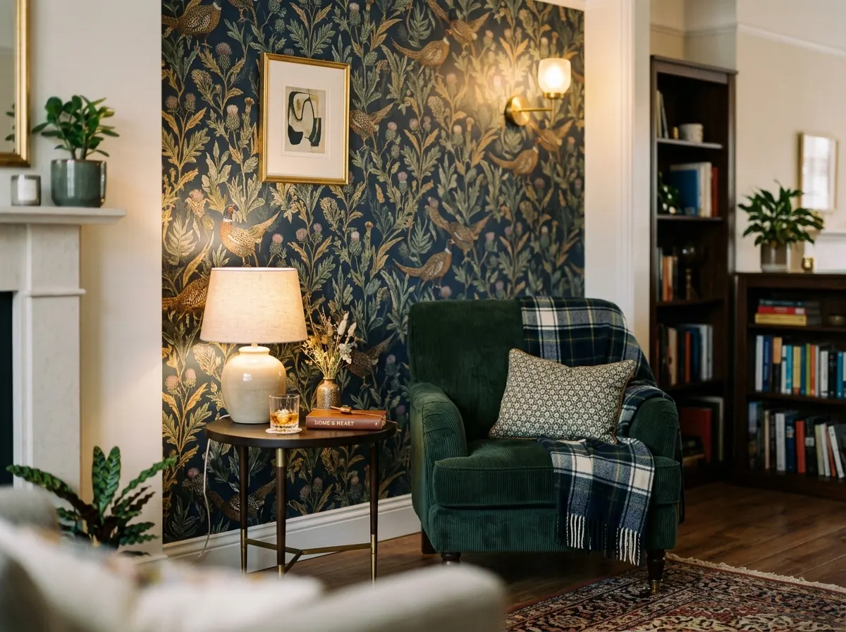 Living room with a bold patterned wallpaper on one chimney breast wall