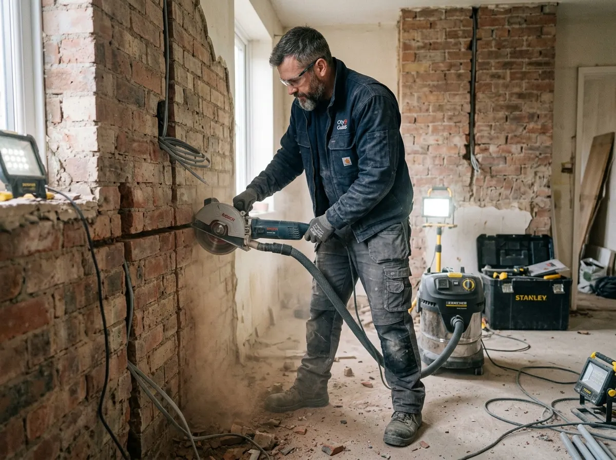 Electrician cutting deep chases into a brick wall for First Fix wiring
