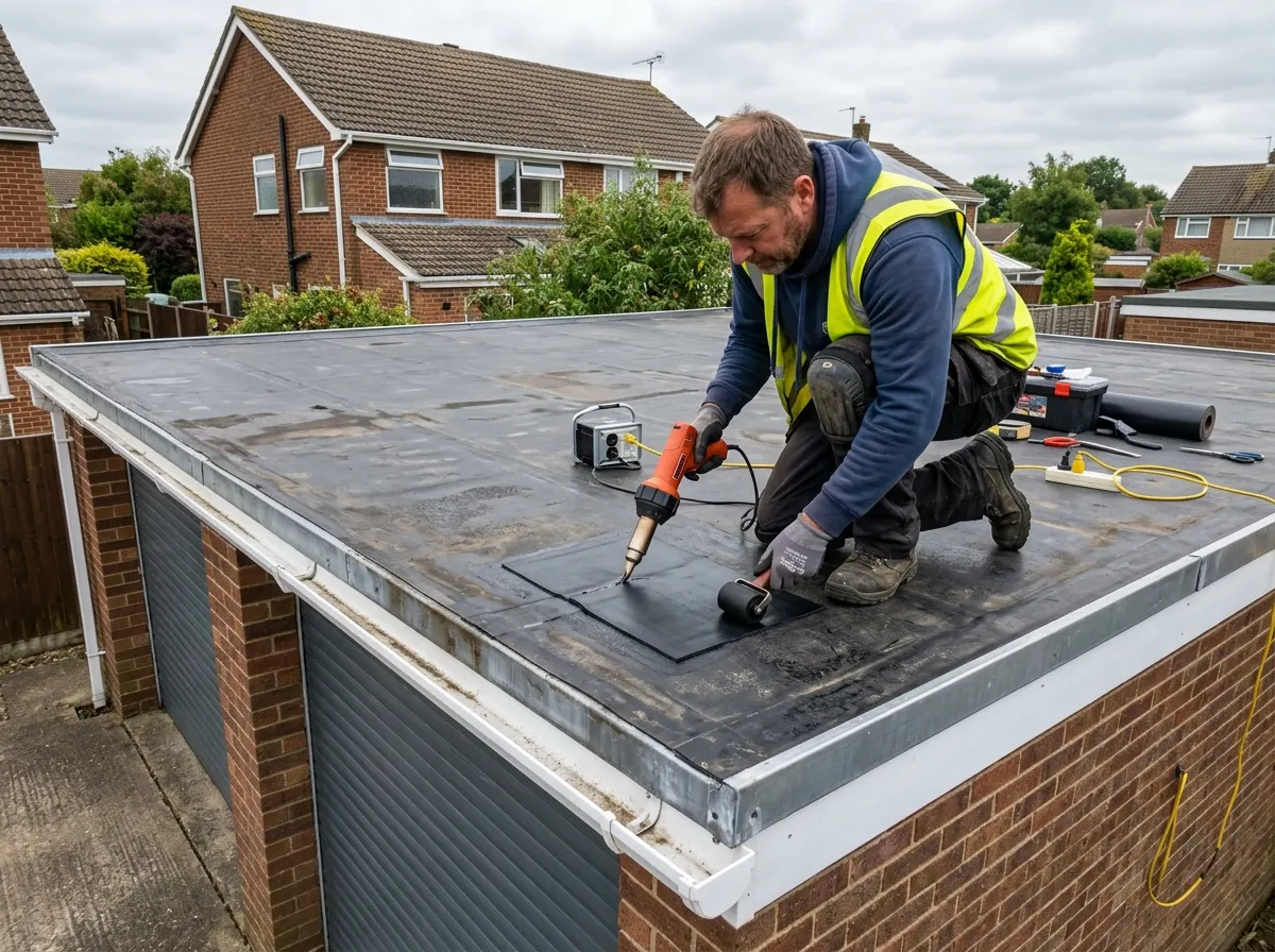 A roofer heat welding a patch repair onto a black EPDM rubber flat roof over a garage