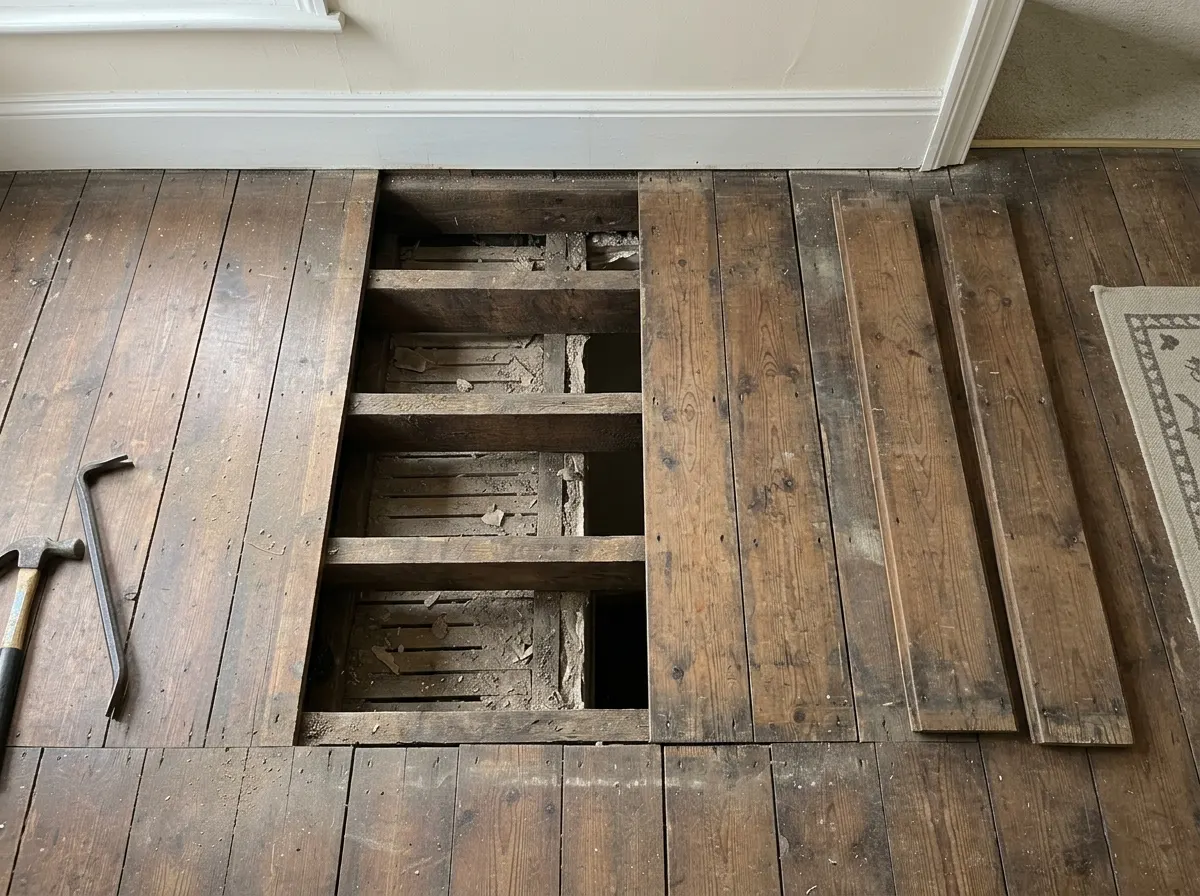 Looking up at exposed timber floor joists running perpendicular to a wall