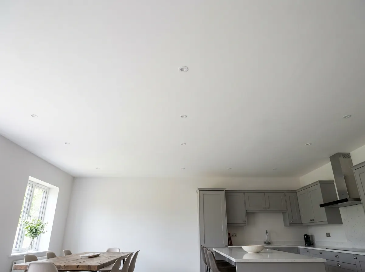 A seamless open plan kitchen and dining room with a perfectly flat flush ceiling showing no steel beams