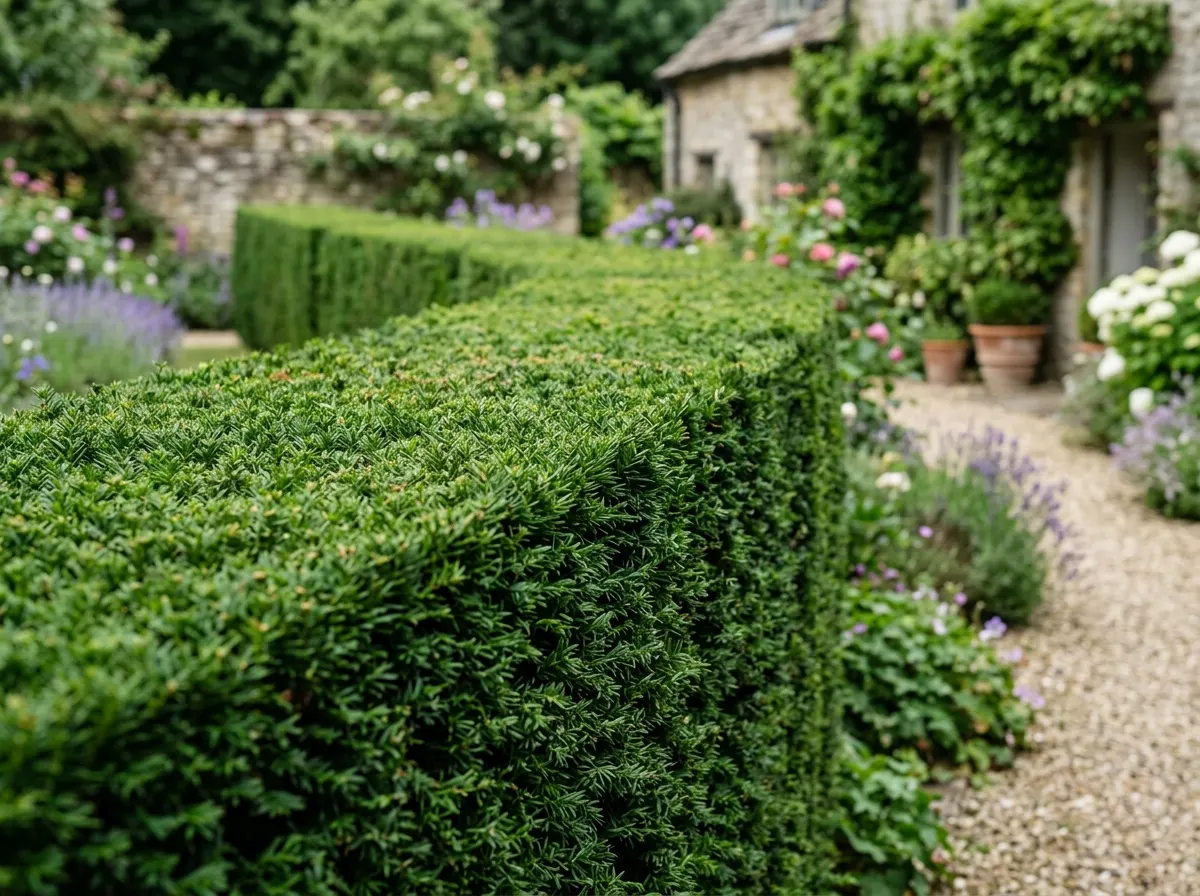 Neatly clipped formal yew hedging