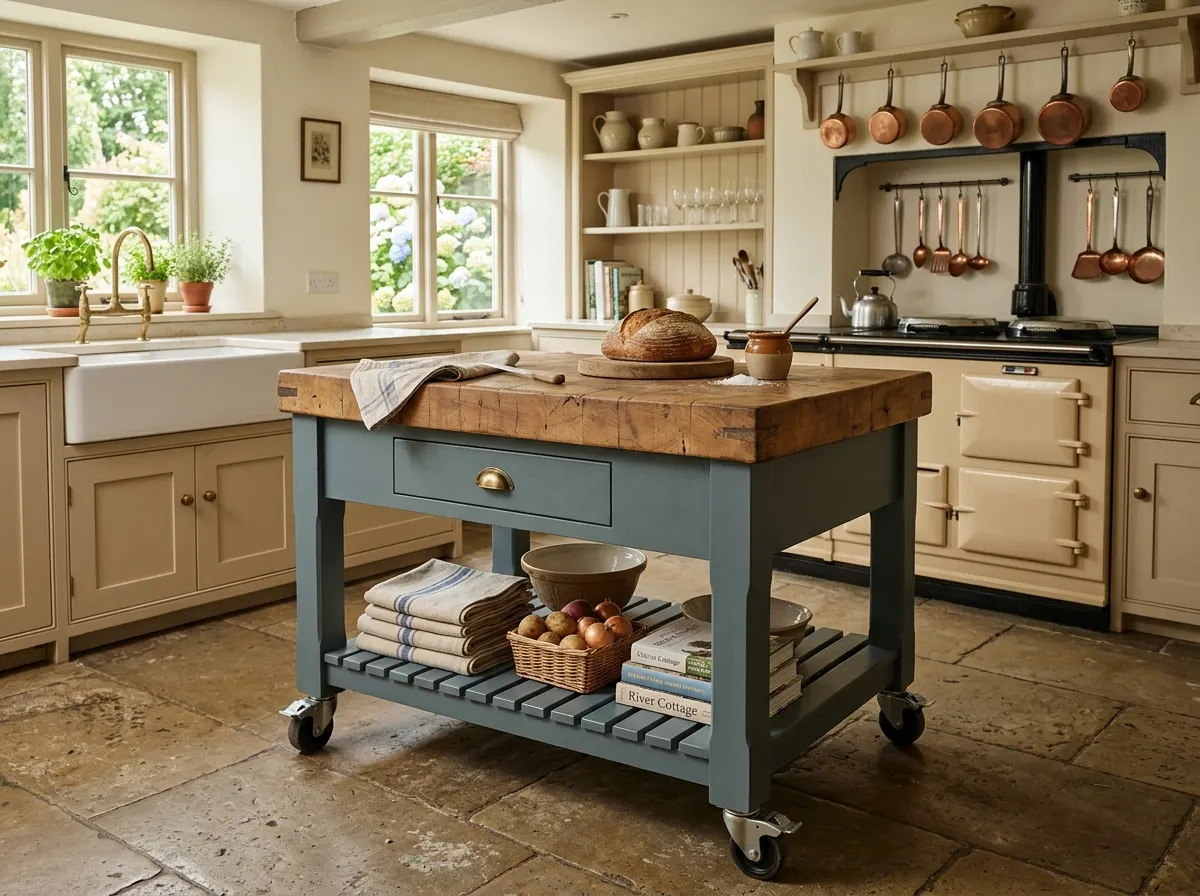 A portable wooden butcher's block island on castors in a traditional shaker kitchen