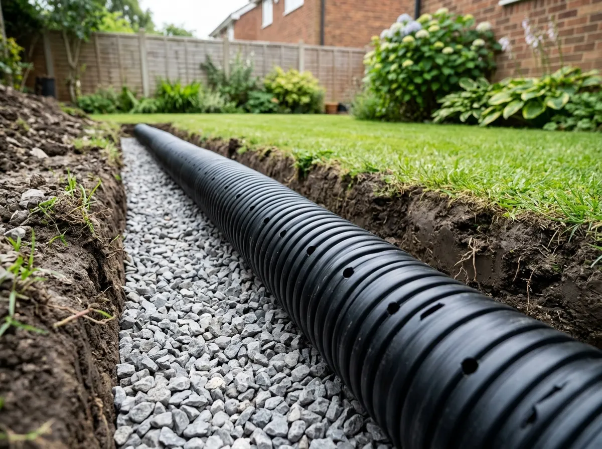 A trench filled with decorative gravel creating a French drain against the brickwork of a house