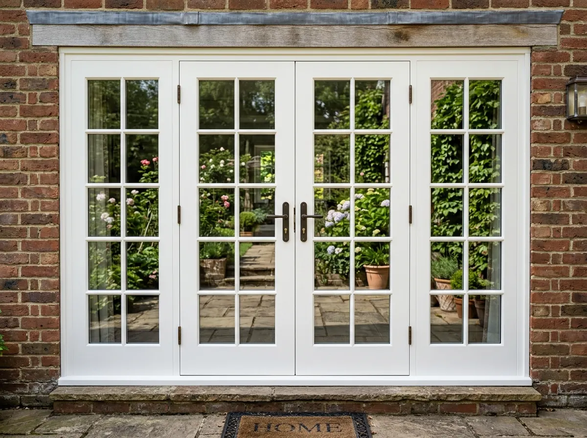 A classic pair of white uPVC French patio doors opening out onto a garden