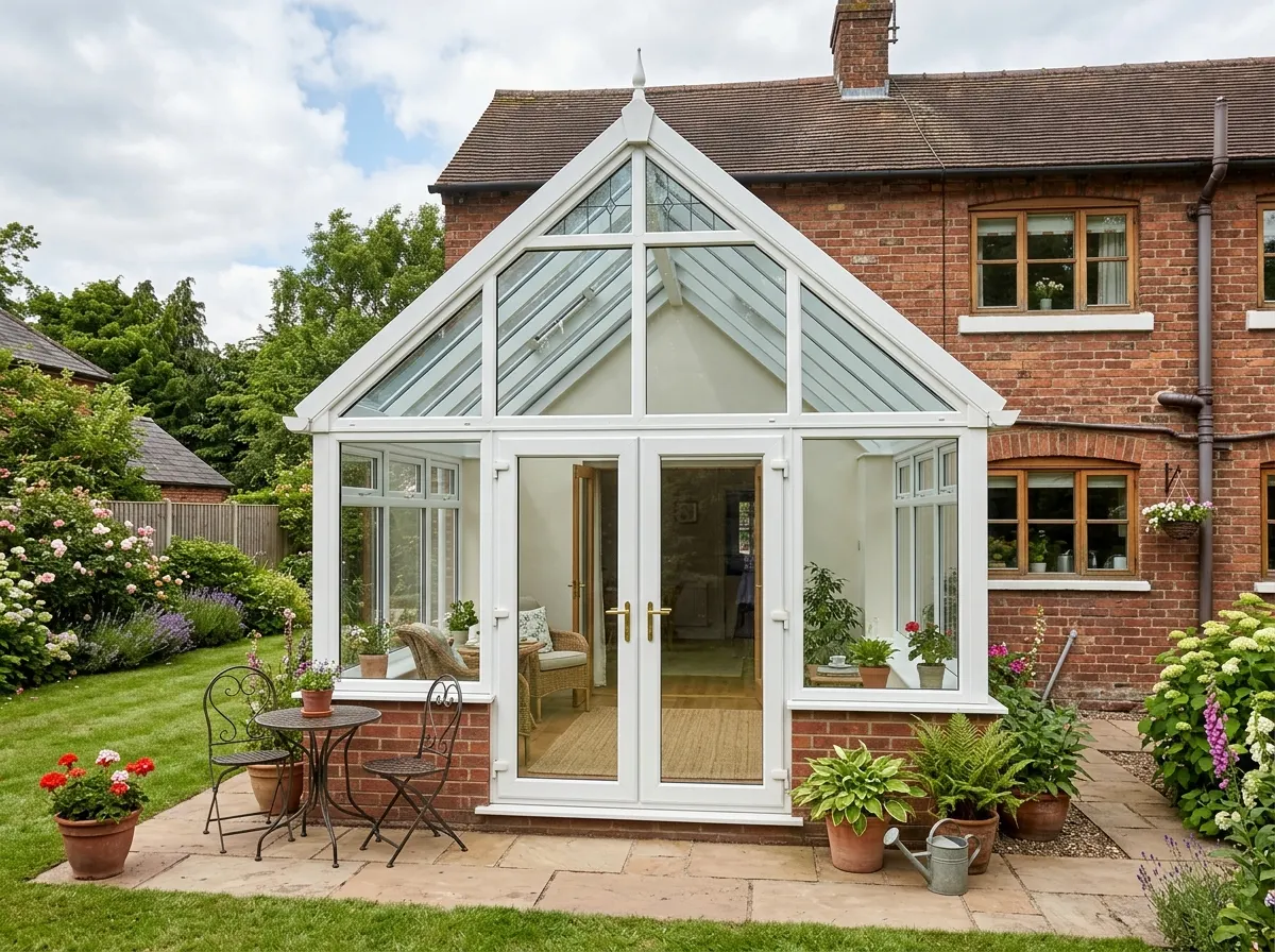 Gable fronted conservatory with an upright triangular front roof section creating tall vaulted ceilings
