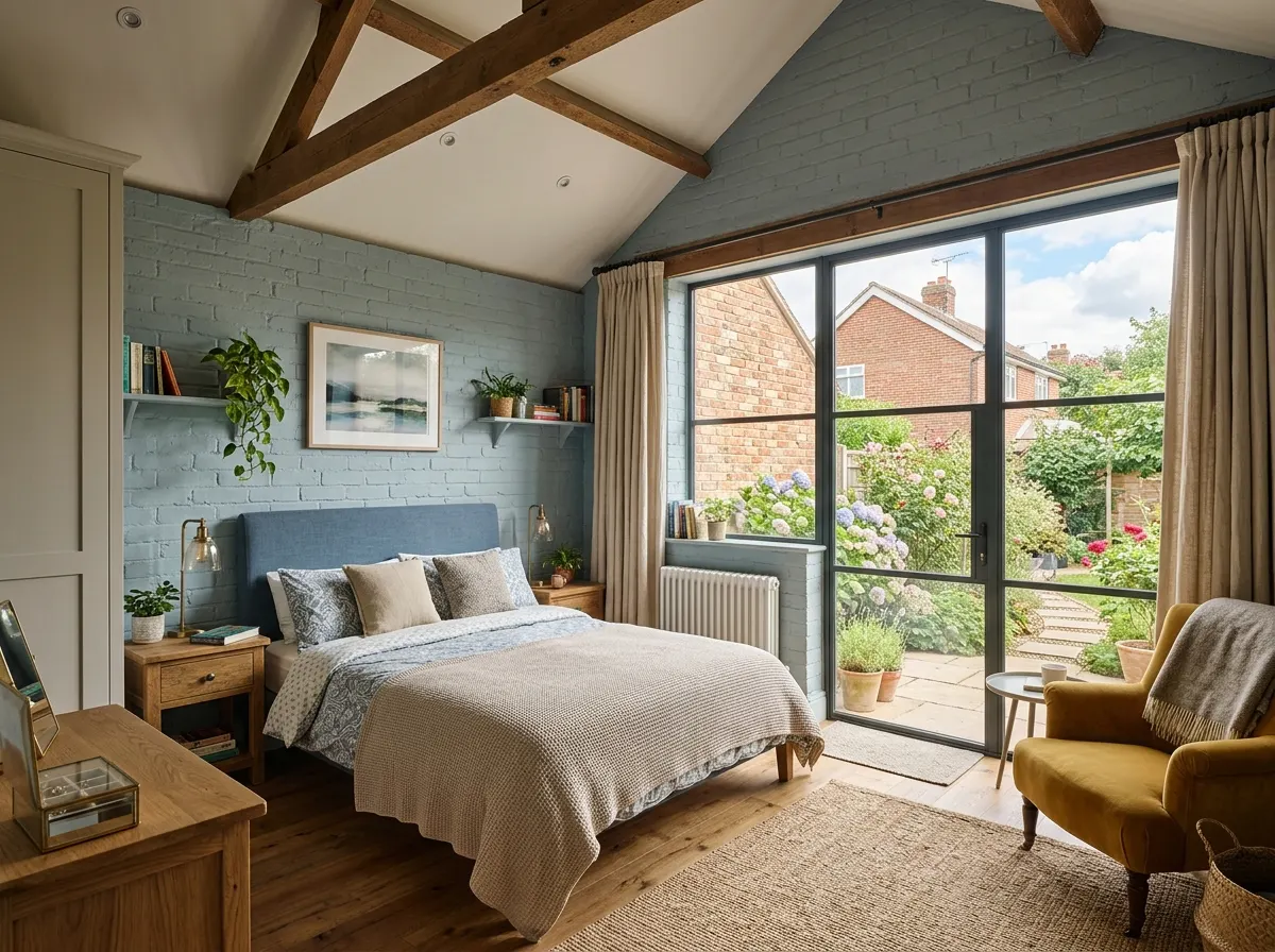 Guest bedroom with a small en-suite bathroom built into a garage conversion