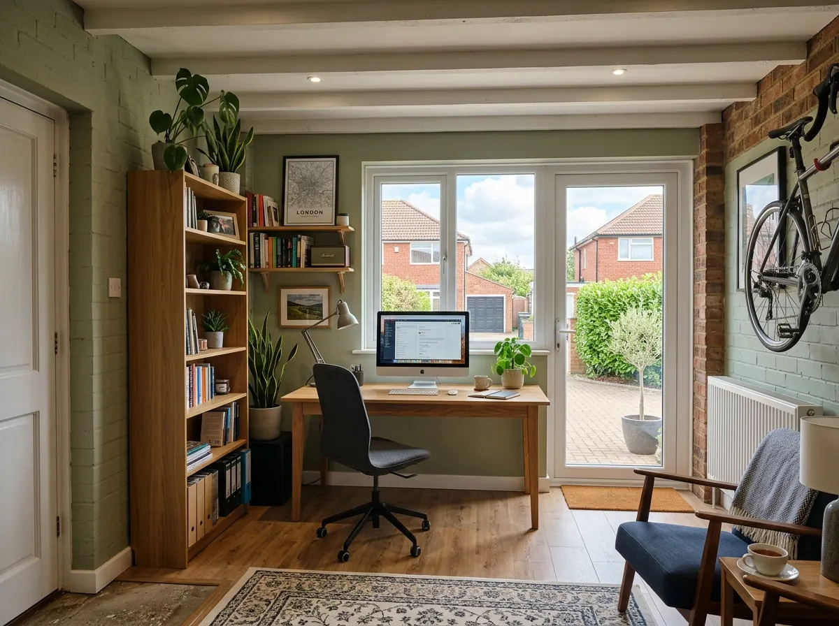 Converted garage space functioning as a modern home office with desk and shelving